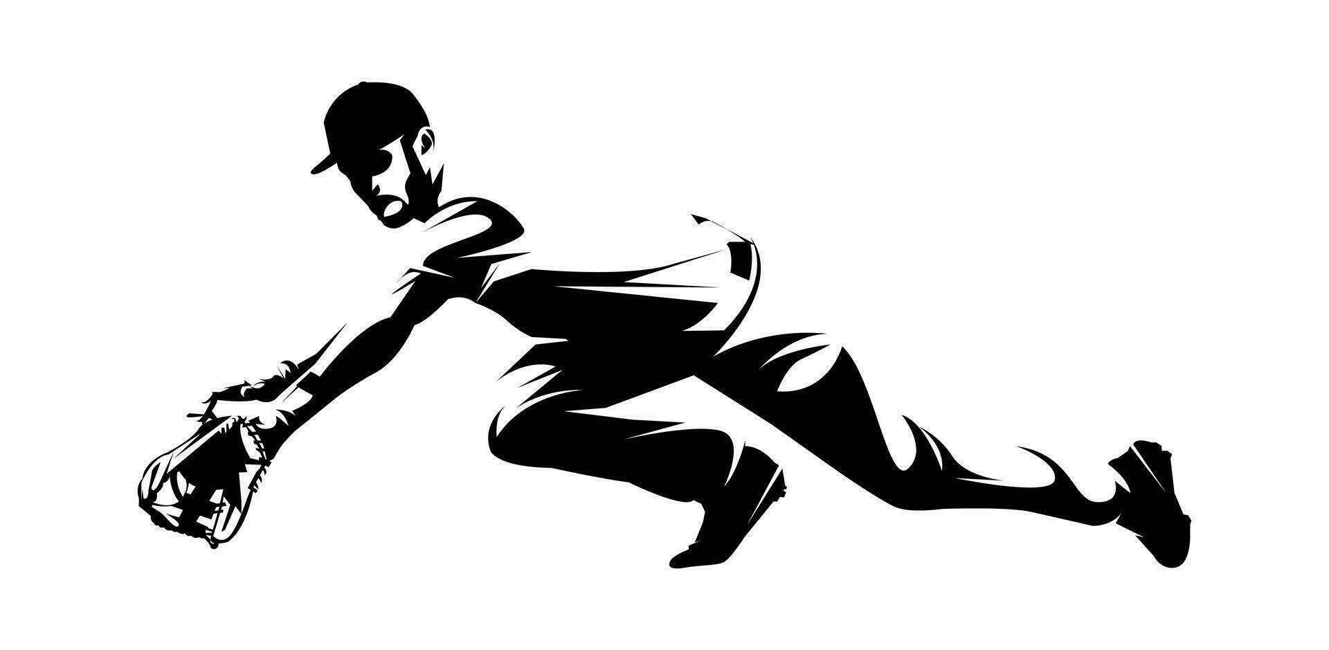masculino béisbol jugador siluetas en blanco antecedentes aislado. silueta de un masculino béisbol jugador atrapando el pelota vector ilustración