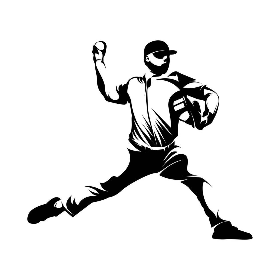 masculino béisbol jugador siluetas en blanco antecedentes aislado. silueta de un masculino béisbol jugador lanzamiento el pelota vector ilustración