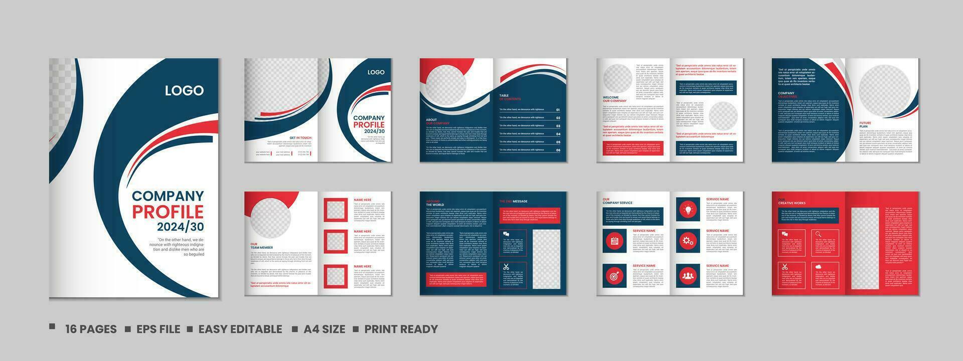 Company profile, multipage brochure template, include cover page, vertical a4 format presentation, landing page, annual report, leaflet, magazine, catalog, trendy minimalist colorful geometric design vector