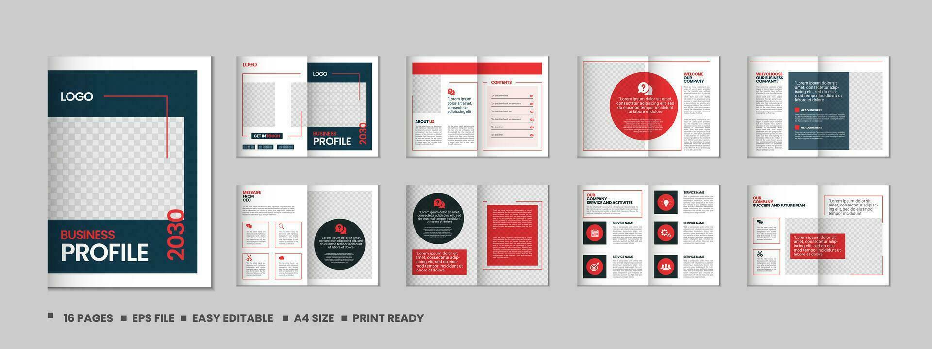 Company profile, multipage brochure template, include cover page, vertical a4 format presentation, landing page, annual report, leaflet, magazine, catalog, minimalist colorful geometric layout design vector