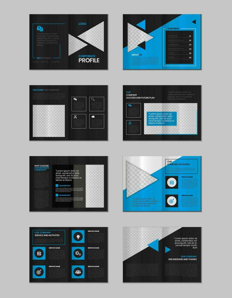 empresa perfil, multi página folleto plantilla, incluir cubrir página, vertical a4 formato presentación, aterrizaje página, anual informe, folleto, revista, catalogar, minimalista vistoso geométrico diseño diseño vector