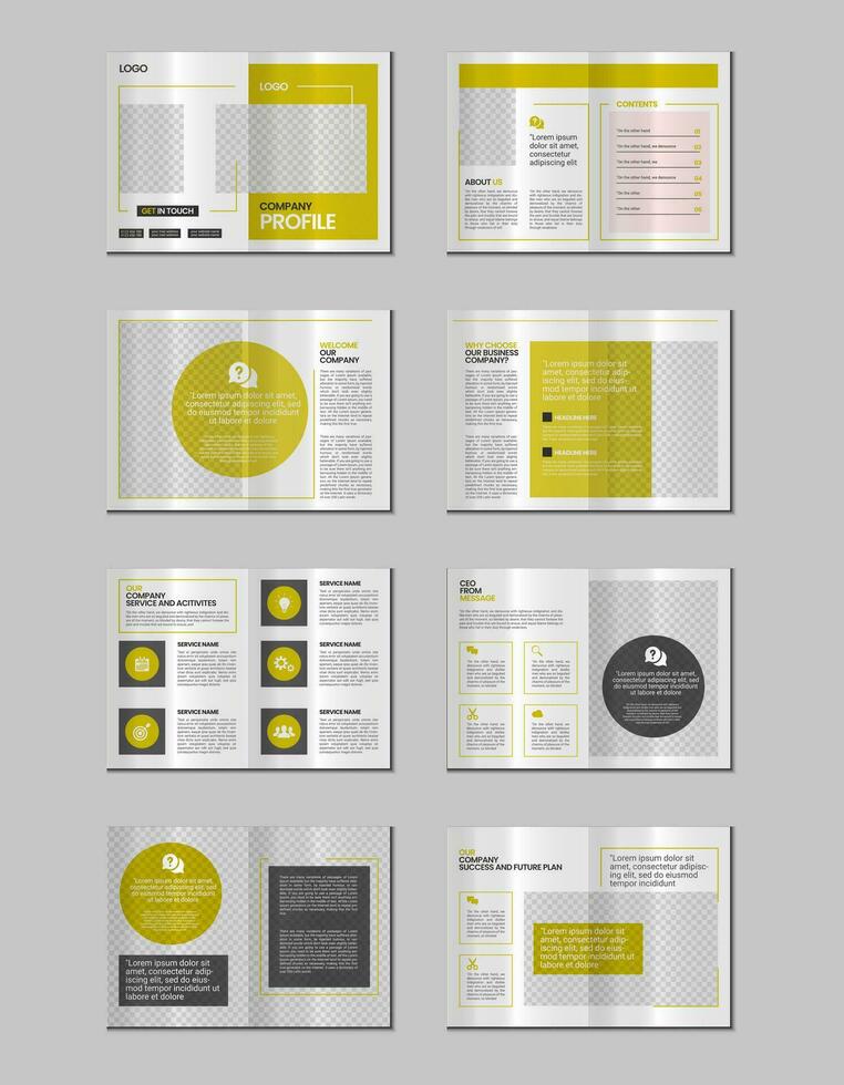 Company profile, multipage brochure template, include cover page, vertical a4 format presentation, landing page, annual report, leaflet, magazine, catalog, minimalist colorful geometric layout design vector