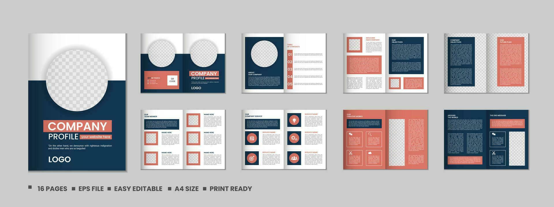 Company profile, multipage brochure template, include cover page, vertical a4 format presentation, landing page, annual report, leaflet, magazine, catalog, trendy minimalist colorful geometric design vector