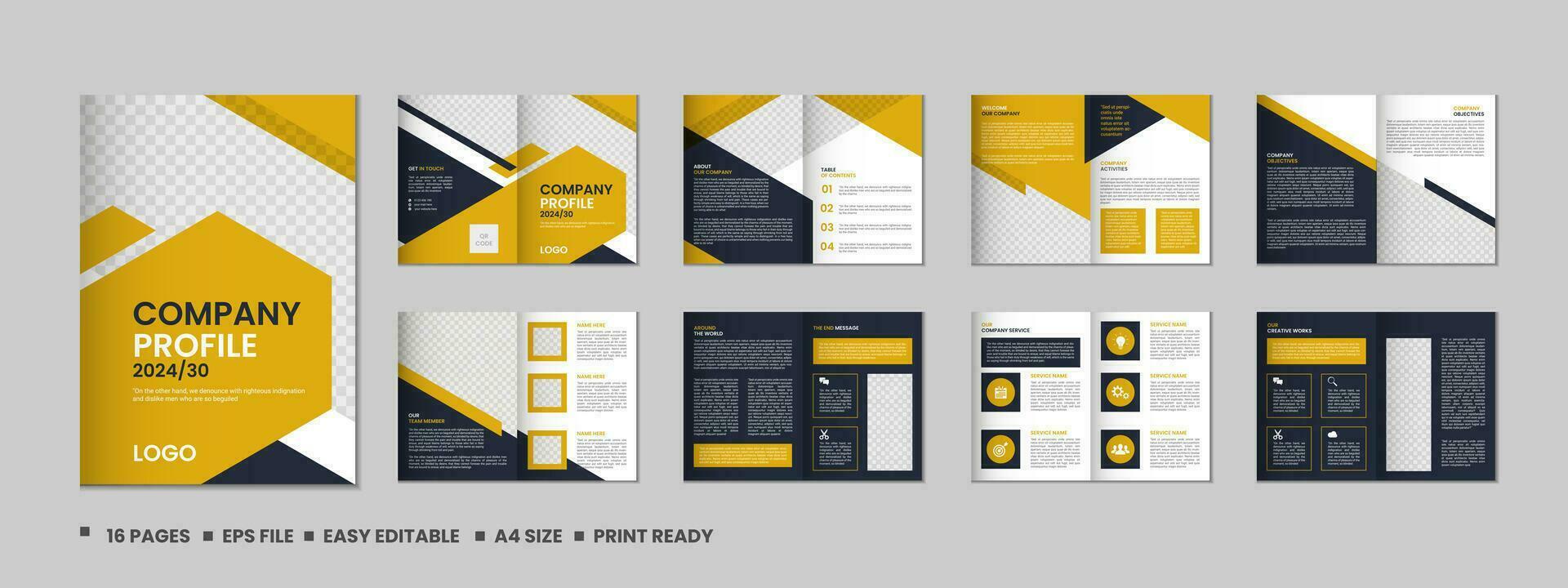 Company profile, multipage brochure template, include cover page, vertical a4 format presentation, landing page, annual report, leaflet, magazine, catalog, trendy minimalist colorful geometric design vector