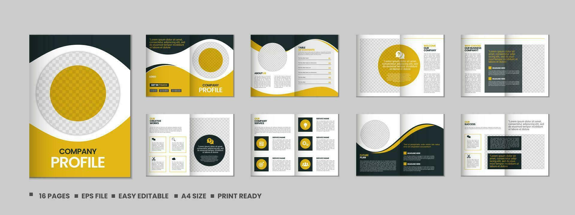 Company profile, multipage brochure template, include cover page, vertical a4 format presentation, landing page, annual report, leaflet, magazine, catalog, minimalist colorful geometric layout design vector