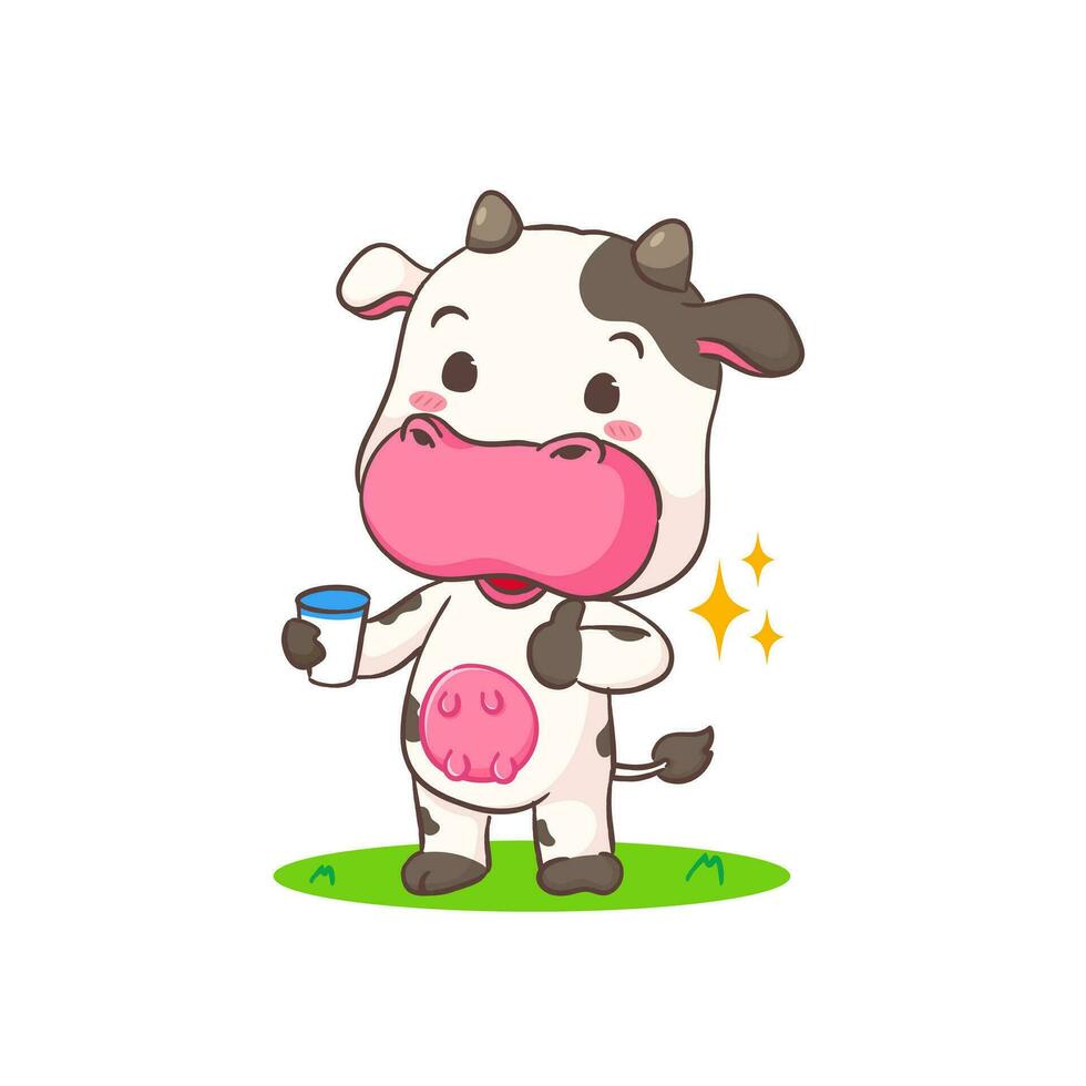 Cute cow holding milk cartoon character. Adorable animal concept design. Isolated white background. Vector illustration