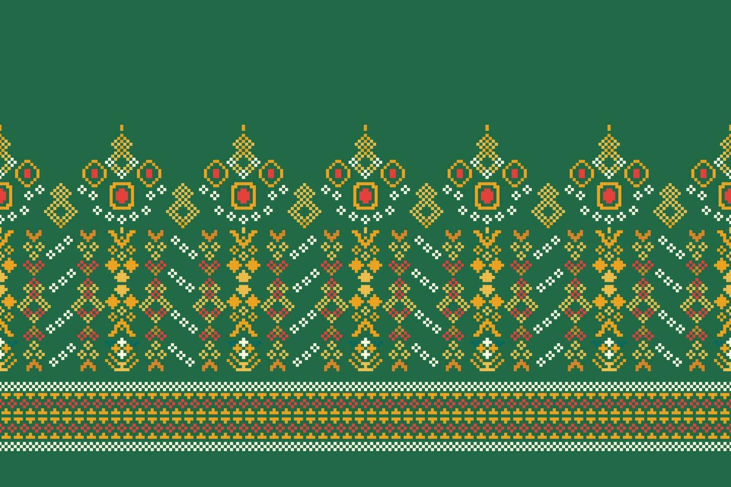 Ethnic geometric fabric pattern Cross Stitch.Ikat embroidery Ethnic oriental Pixel pattern green background. Abstract,vector,illustration. Texture,clothing,frame,decoration,motifs,silk wallpaper. vector
