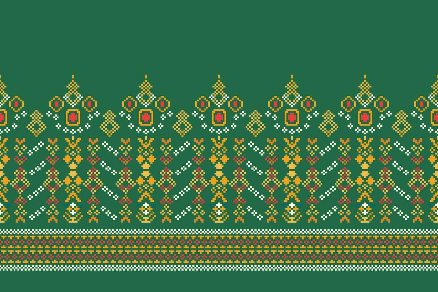 Ethnic geometric fabric pattern Cross Stitch.Ikat embroidery Ethnic oriental Pixel pattern green background. Abstract,vector,illustration. Texture,clothing,frame,decoration,motifs,silk wallpaper. vector