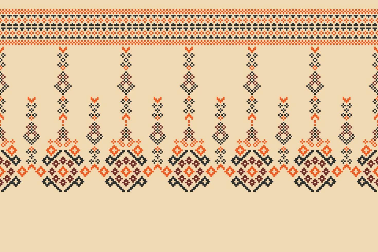 Ethnic geometric fabric pattern Cross Stitch.Ikat embroidery Ethnic oriental Pixel pattern brown cream background. Abstract,vector,illustration. Texture,frame,decoration,motifs,silk wallpaper. vector