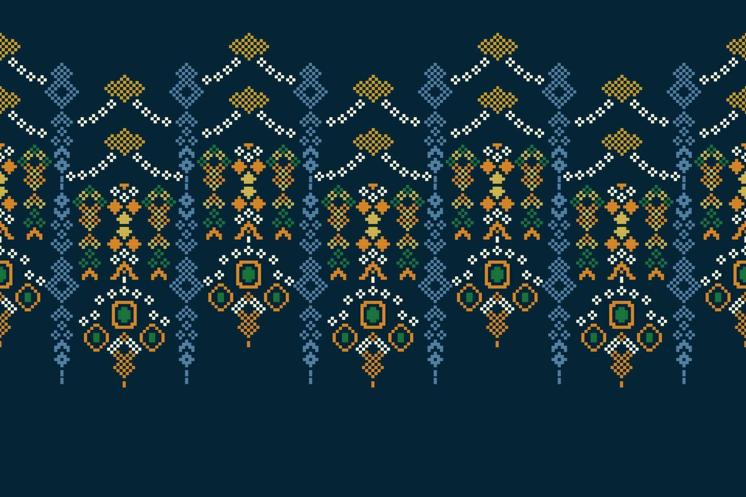 Ethnic geometric fabric pattern Cross Stitch.Ikat embroidery Ethnic oriental Pixel pattern navy blue background. Abstract,vector,illustration. Texture,clothing,frame,decoration,motifs,silk wallpaper. vector