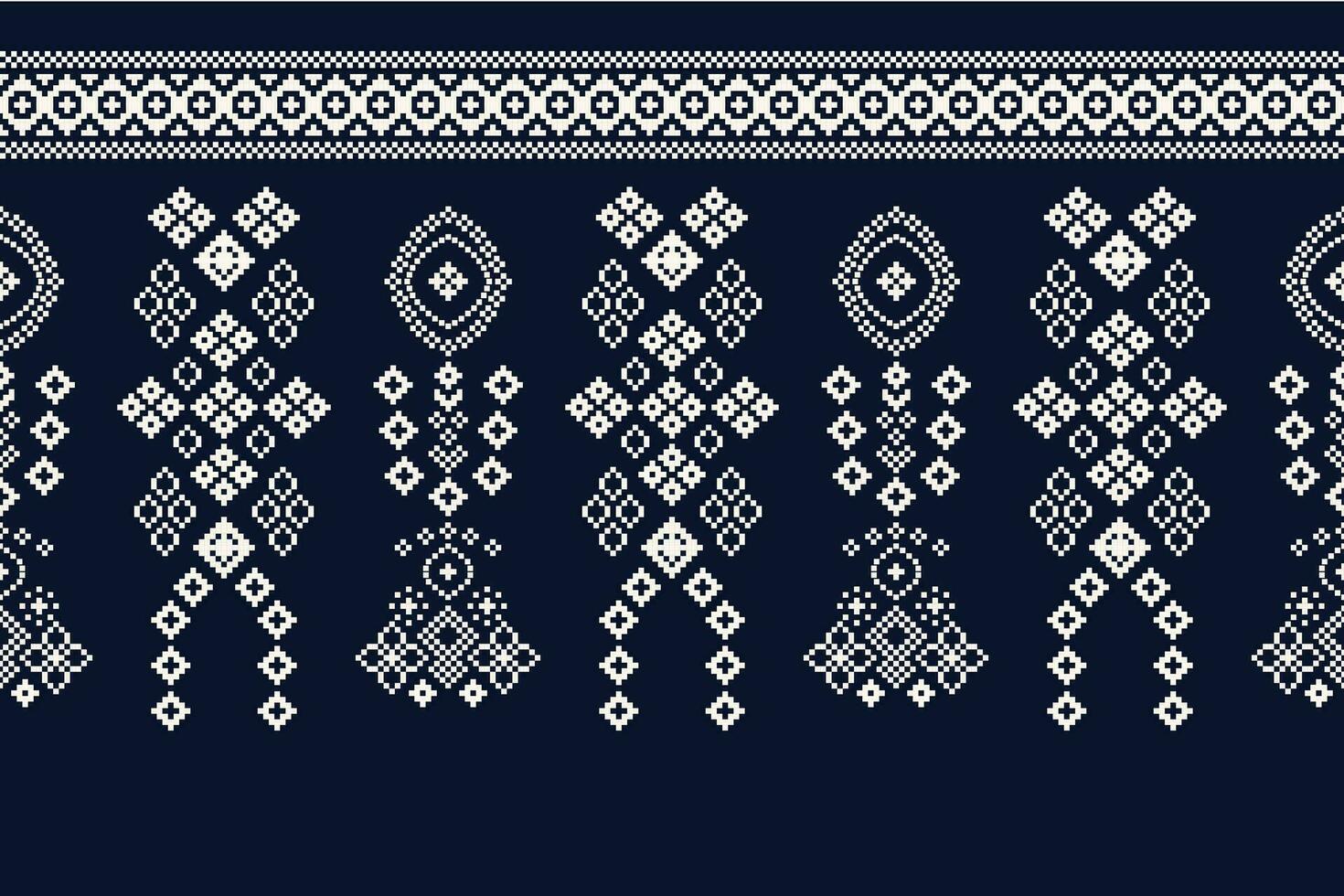 Ethnic geometric fabric pattern Cross Stitch.Ikat embroidery Ethnic oriental Pixel pattern navy blue background. Abstract,vector,illustration. Texture,clothing,frame,decoration,motifs,silk wallpaper. vector