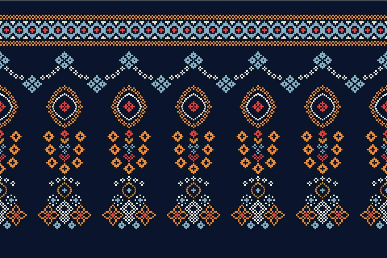 Ethnic geometric fabric pattern Cross Stitch.Ikat embroidery Ethnic oriental Pixel pattern navy blue background. Abstract,vector,illustration. Texture,clothing,frame,decoration,motifs,silk wallpaper. vector