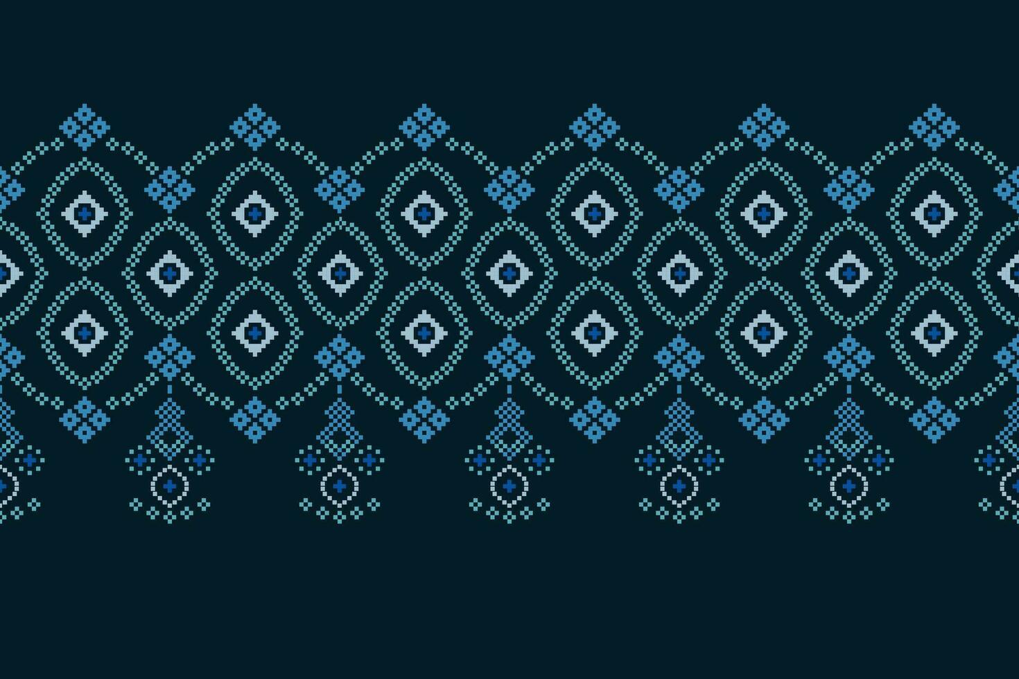 Ethnic geometric fabric pattern Cross Stitch.Ikat embroidery Ethnic oriental Pixel pattern navy blue background. Abstract,vector,illustration. Texture,clothing,frame,decoration,motifs,silk wallpaper. vector