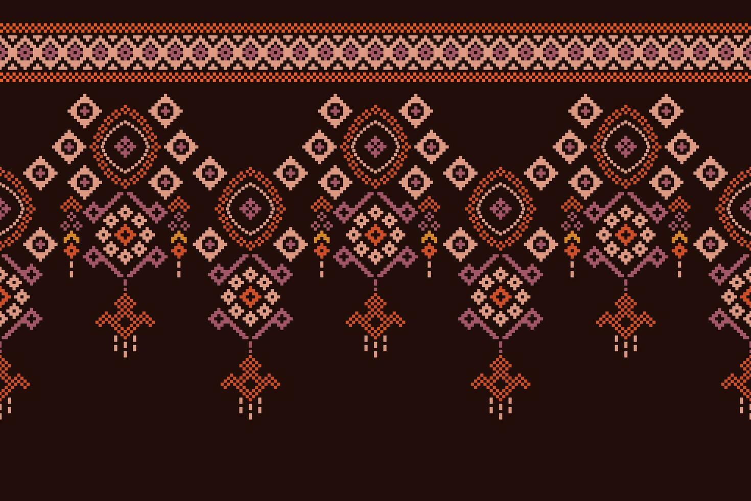 Ethnic geometric fabric pattern Cross Stitch.Ikat embroidery Ethnic oriental Pixel pattern brown background. Abstract,vector,illustration. Texture,clothing,scarf,decoration,motifs,silk wallpaper. vector