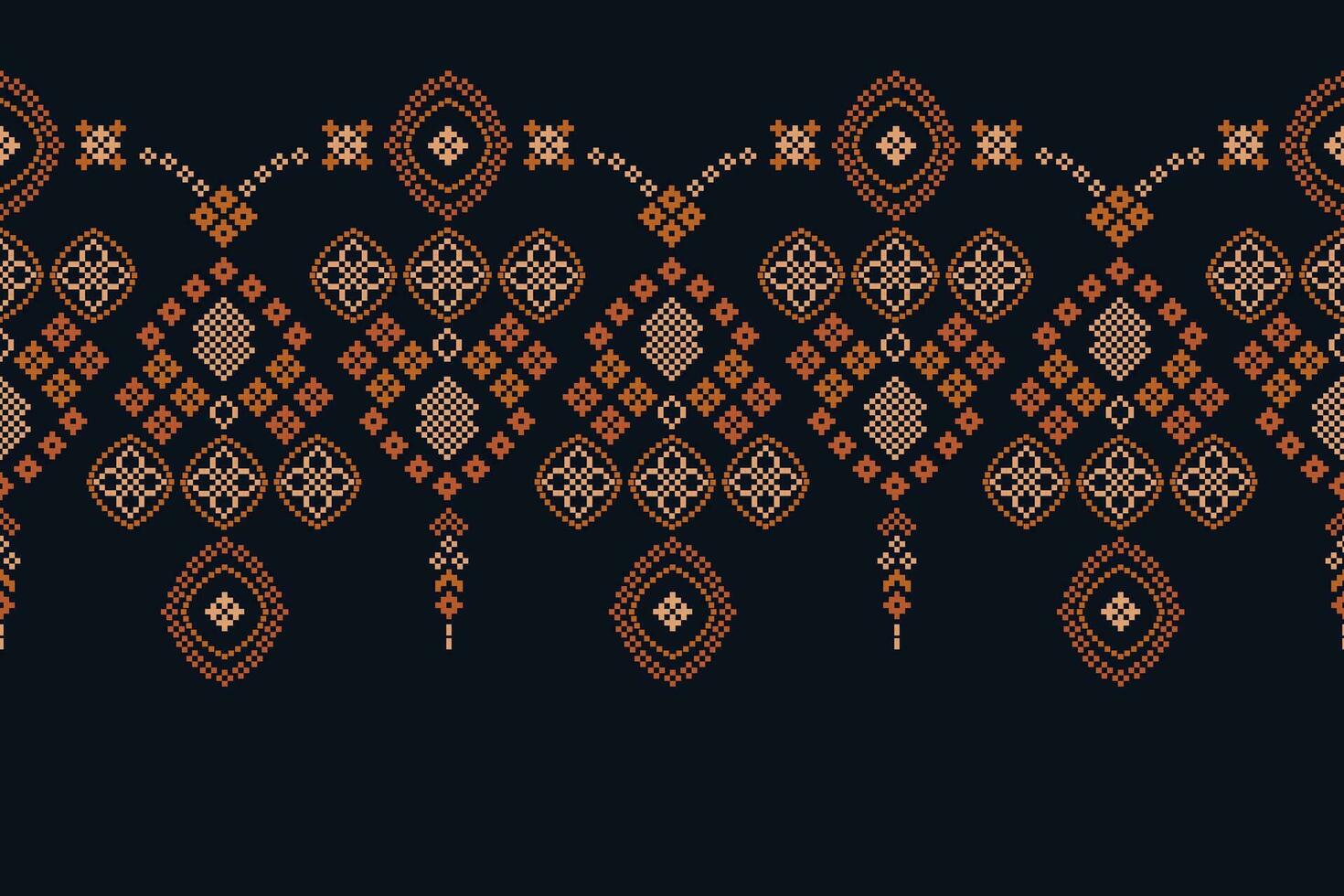 Ethnic geometric fabric pattern Cross Stitch.Ikat embroidery Ethnic oriental Pixel pattern navy blue background. Abstract,vector,illustration. Texture,clothing,frame,decoration,motifs,silk wallpaper. vector