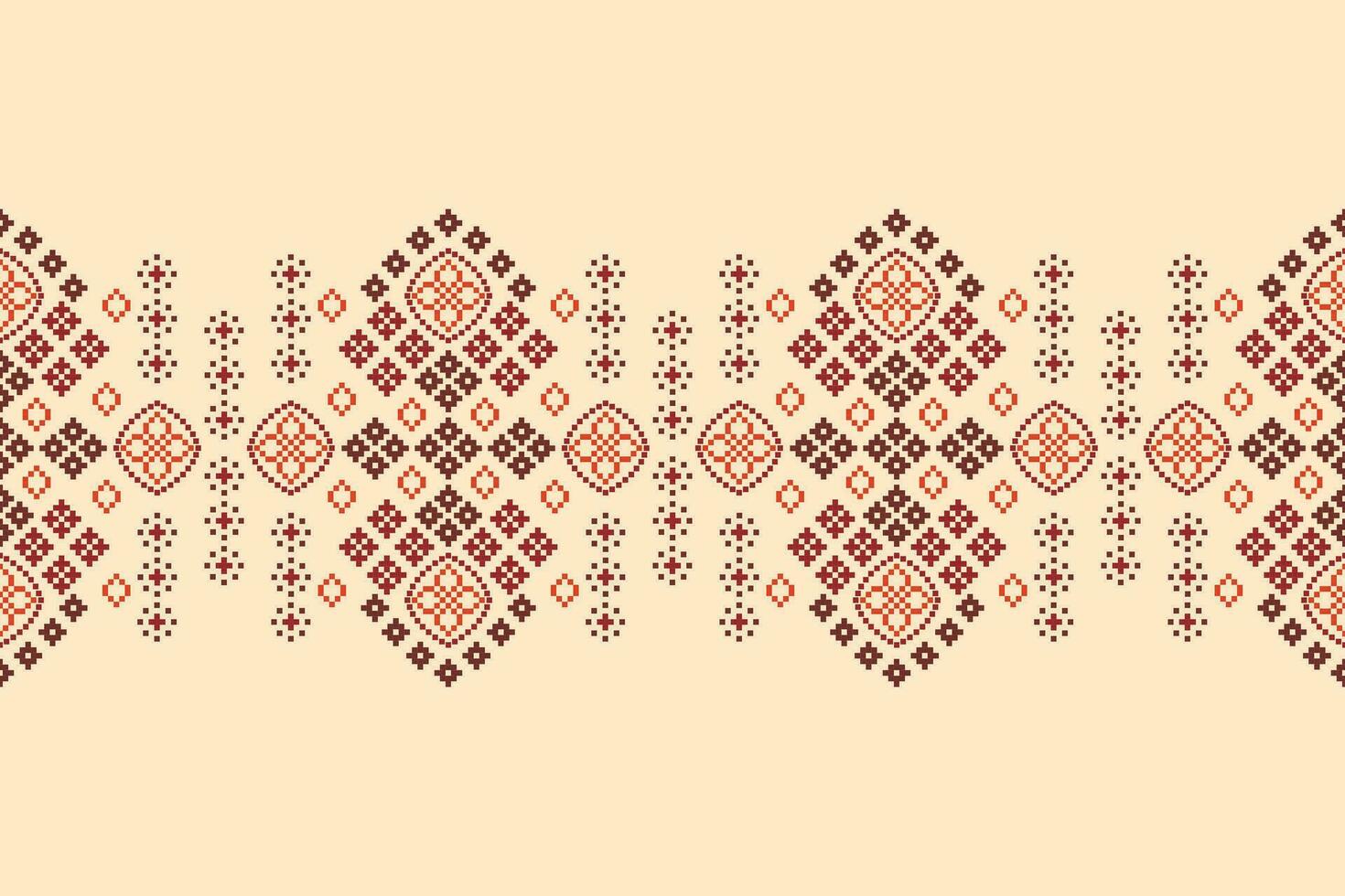 Ethnic geometric fabric pattern Cross Stitch.Ikat embroidery Ethnic oriental Pixel pattern brown cream background. Abstract,vector,illustration. Texture,frame,decoration,motifs,silk wallpaper. vector