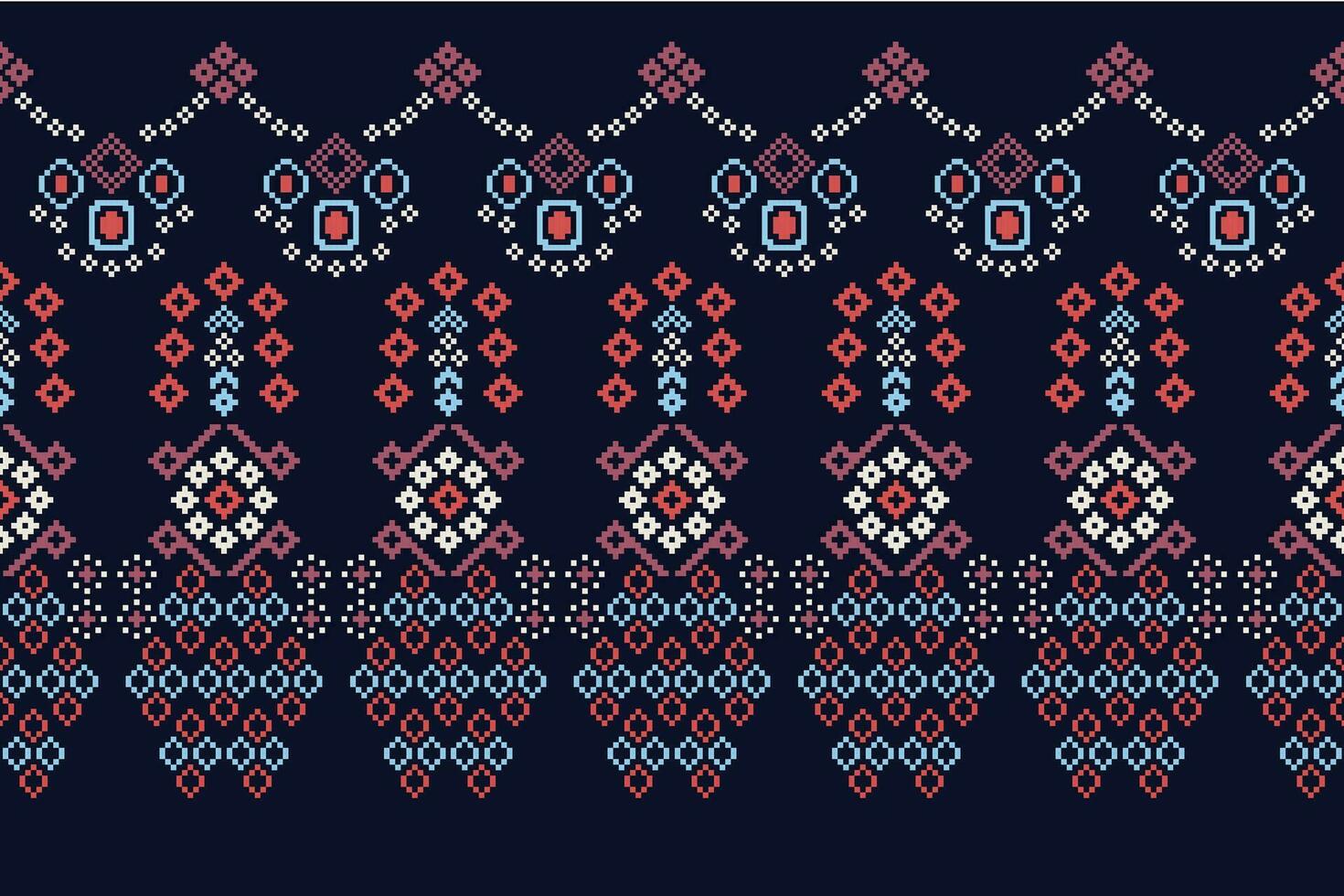 Ethnic geometric fabric pattern Cross Stitch.Ikat embroidery Ethnic oriental Pixel pattern navy blue background. Abstract,vector,illustration. Texture,clothing,frame,decoration,motifs,silk wallpaper. vector