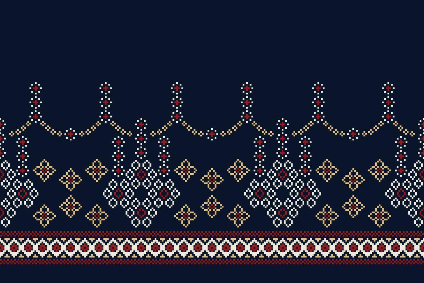 Ethnic geometric fabric pattern Cross Stitch.Ikat embroidery Ethnic oriental Pixel pattern navy blue background. Abstract,vector,illustration. Texture,clothing,frame,decoration,motifs,silk wallpaper. vector