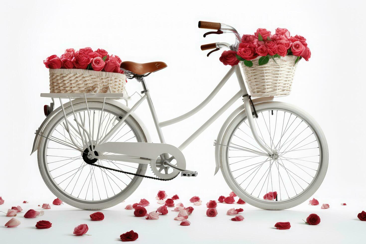 A bicycle with a basket and flowers, a charming scene ai generated photo