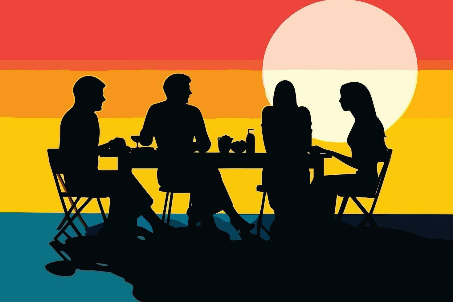 group of people dining together in the park pop art vector illustration