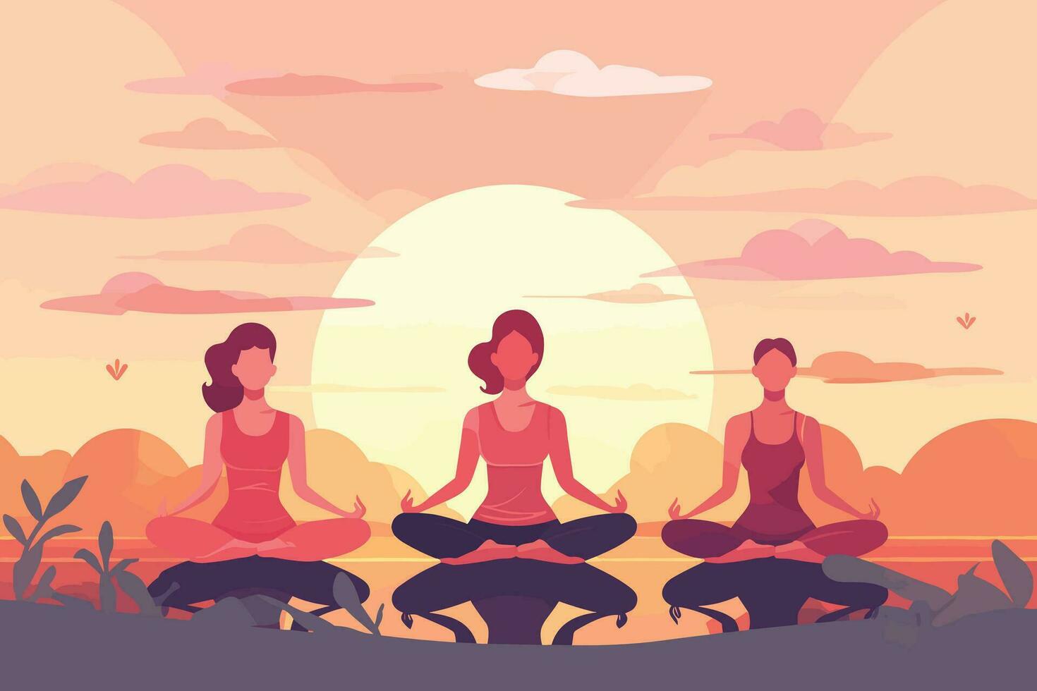 Tres muchachas haciendo en un amanecer ilustración, internacional yoga día, yoga día bandera vector