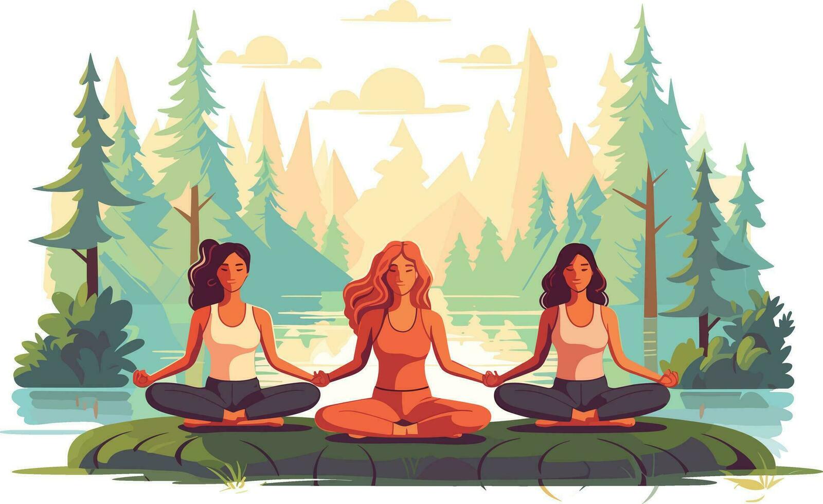 Tres muchachas haciendo ilustración, internacional yoga día, yoga día bandera, yoga día antecedentes vector