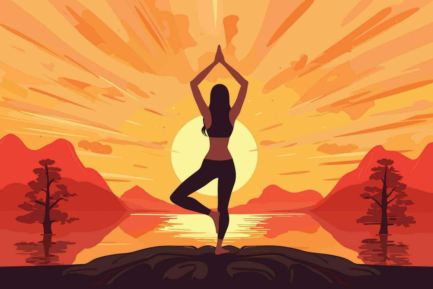 hermosa niña haciendo yoga en amanecer ilustración vector