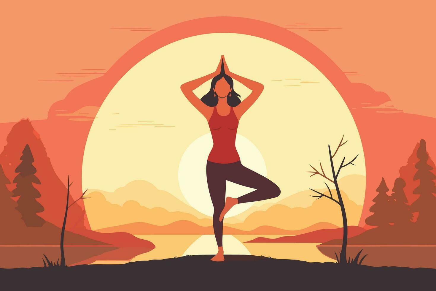 beautiful girl doing yoga in sunrise illustration vector