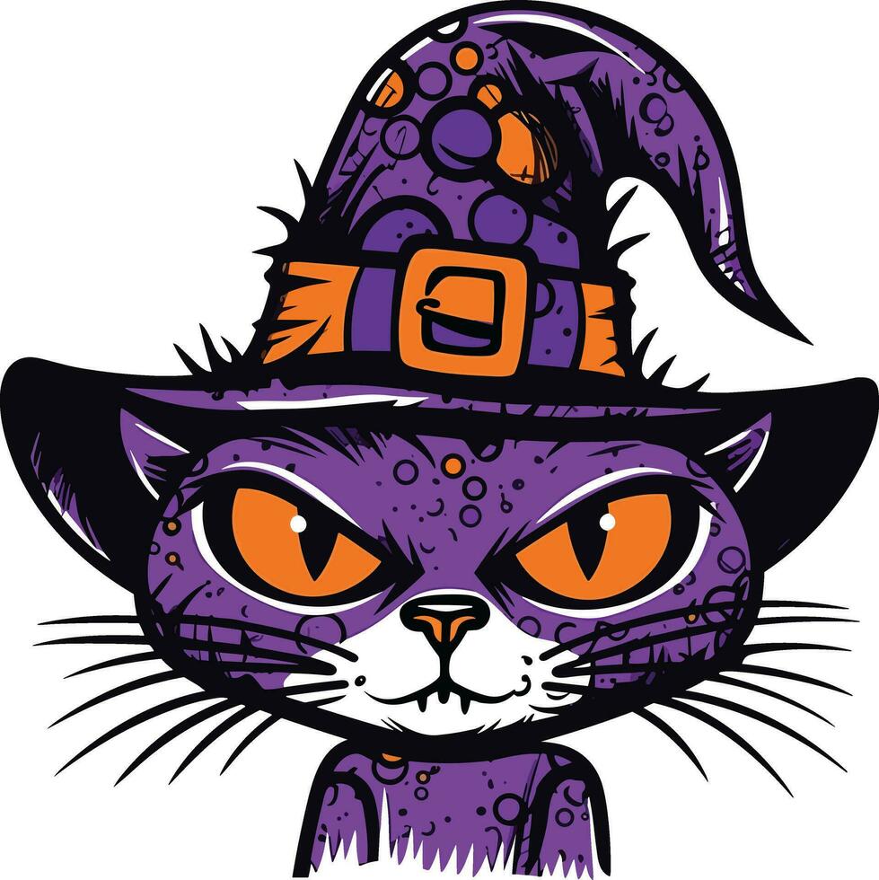 Víspera de Todos los Santos bruja gato ilustración, diverso grupo celebra en ciudad - de moda, feliz, púrpura - capturas alegre energía. vector