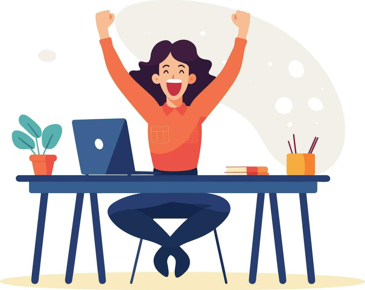 joyful woman business woman freelancer illustration, Person in chair uses computer for business communication, showing mixed emotions. Indoor setting. vector