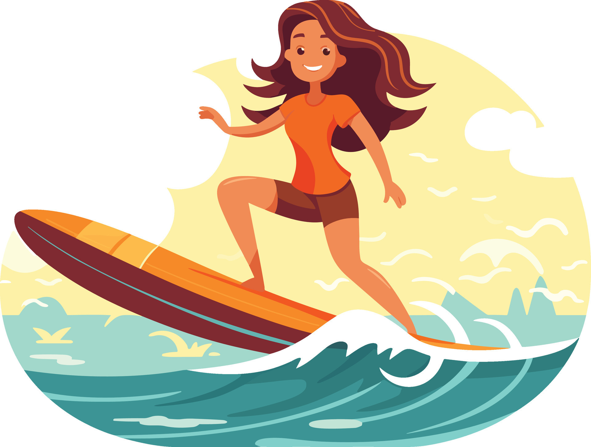 surfing girl illustration, Cheerful girl surfing with joyful expression
