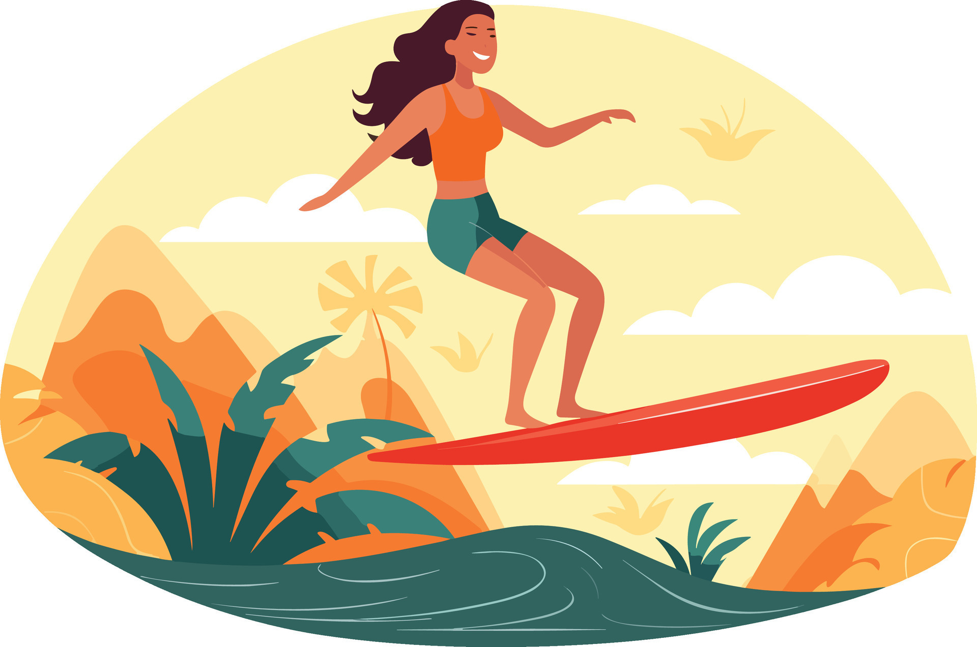 surfing girl illustration, Cheerful girl surfing with joyful expression