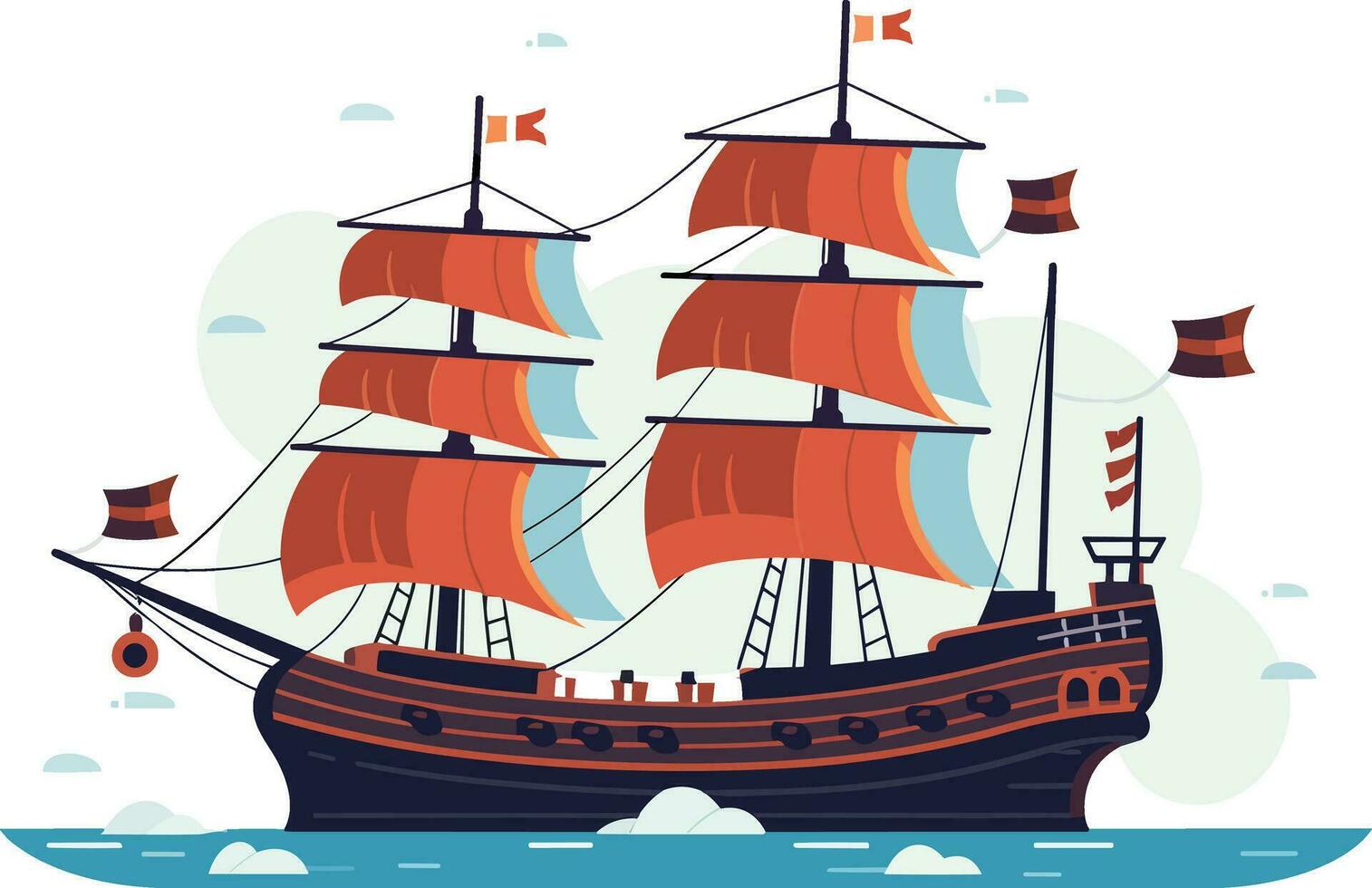 Ocean Voyage Exploring the Maritime Industry on a Nautical Vessel, Explore a cartoon boat sailing on the sea, a maritime journey awaits. Pirated ship vector illustration