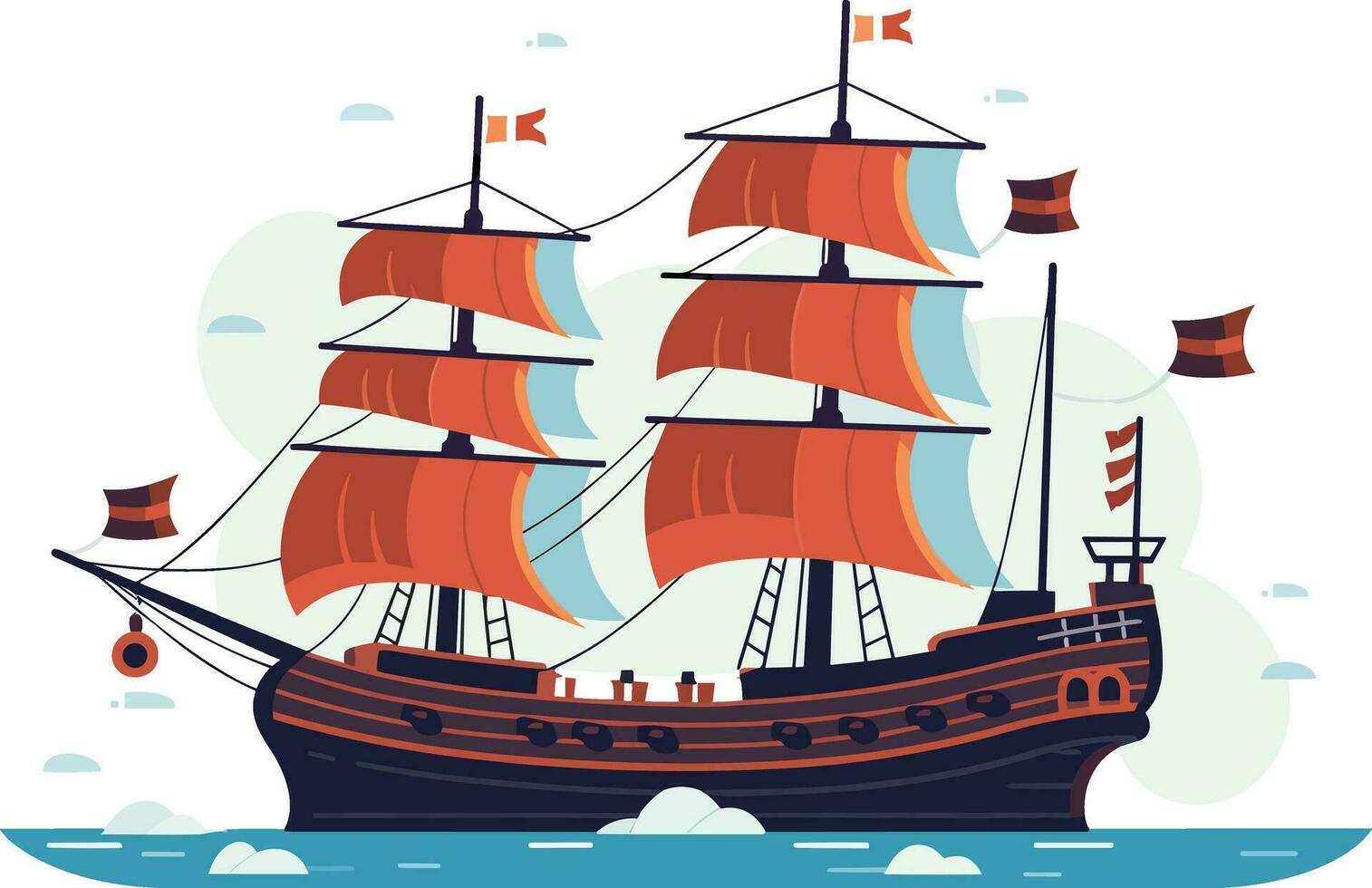 Oceano viaje explorador el marítimo industria en un náutico buque, explorar un dibujos animados barco navegación en el mar, un marítimo viaje espera pirateado Embarcacion vector ilustración