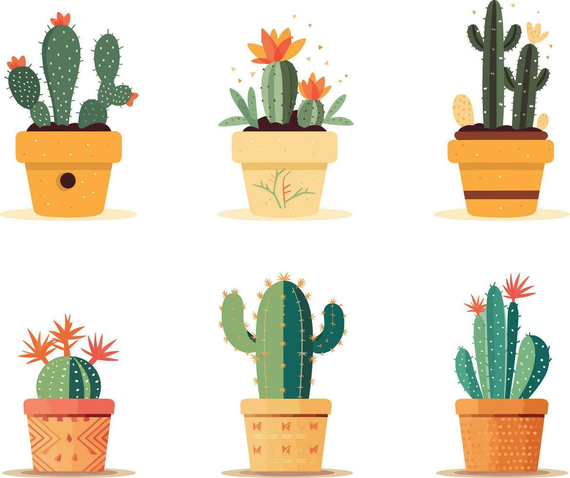 , set of indoor plant pots illustration, set of desert plant pots vector illustration, set of cactus plant pots vector illustration