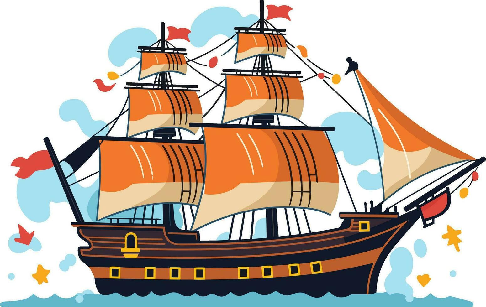 Ocean Voyage Exploring the Maritime Industry on a Nautical Vessel, Explore a cartoon boat sailing on the sea, a maritime journey awaits. Pirated ship vector illustration
