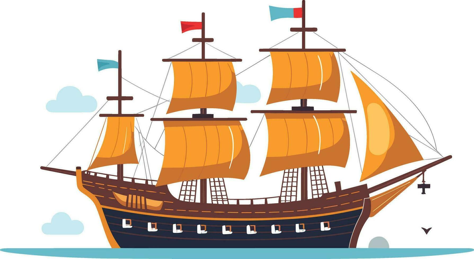 Oceano viaje explorador el marítimo industria en un náutico buque, explorar un dibujos animados barco navegación en el mar, un marítimo viaje espera pirateado Embarcacion vector ilustración