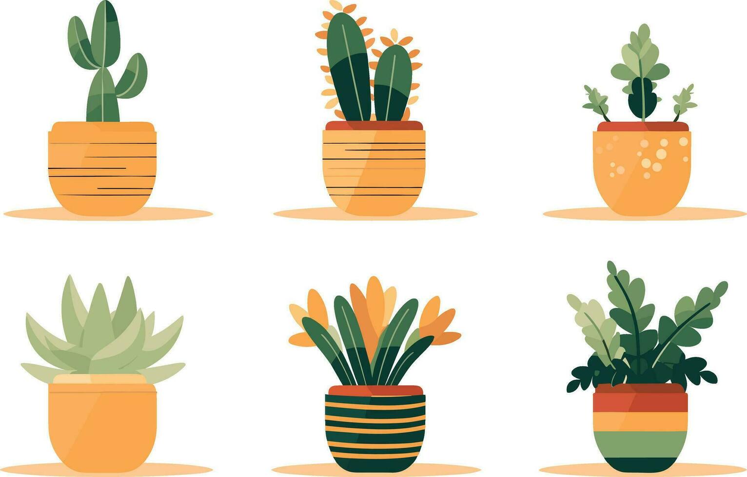 Plant pots set illustration, Vibrant botanical garden with various plants, vegetables, and succulents thriving in pots. vector