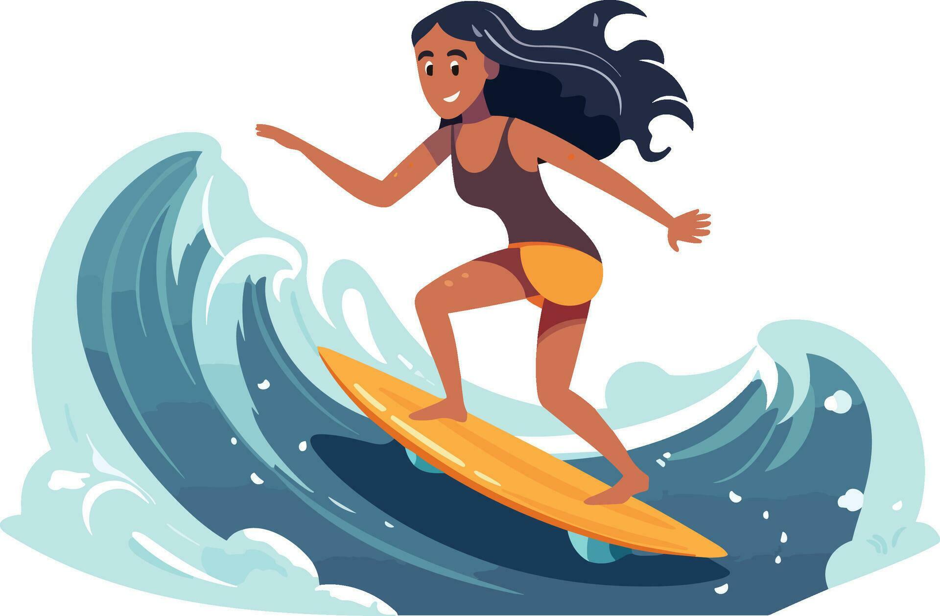 surfing girl illustration, Cheerful girl surfing with joyful expression