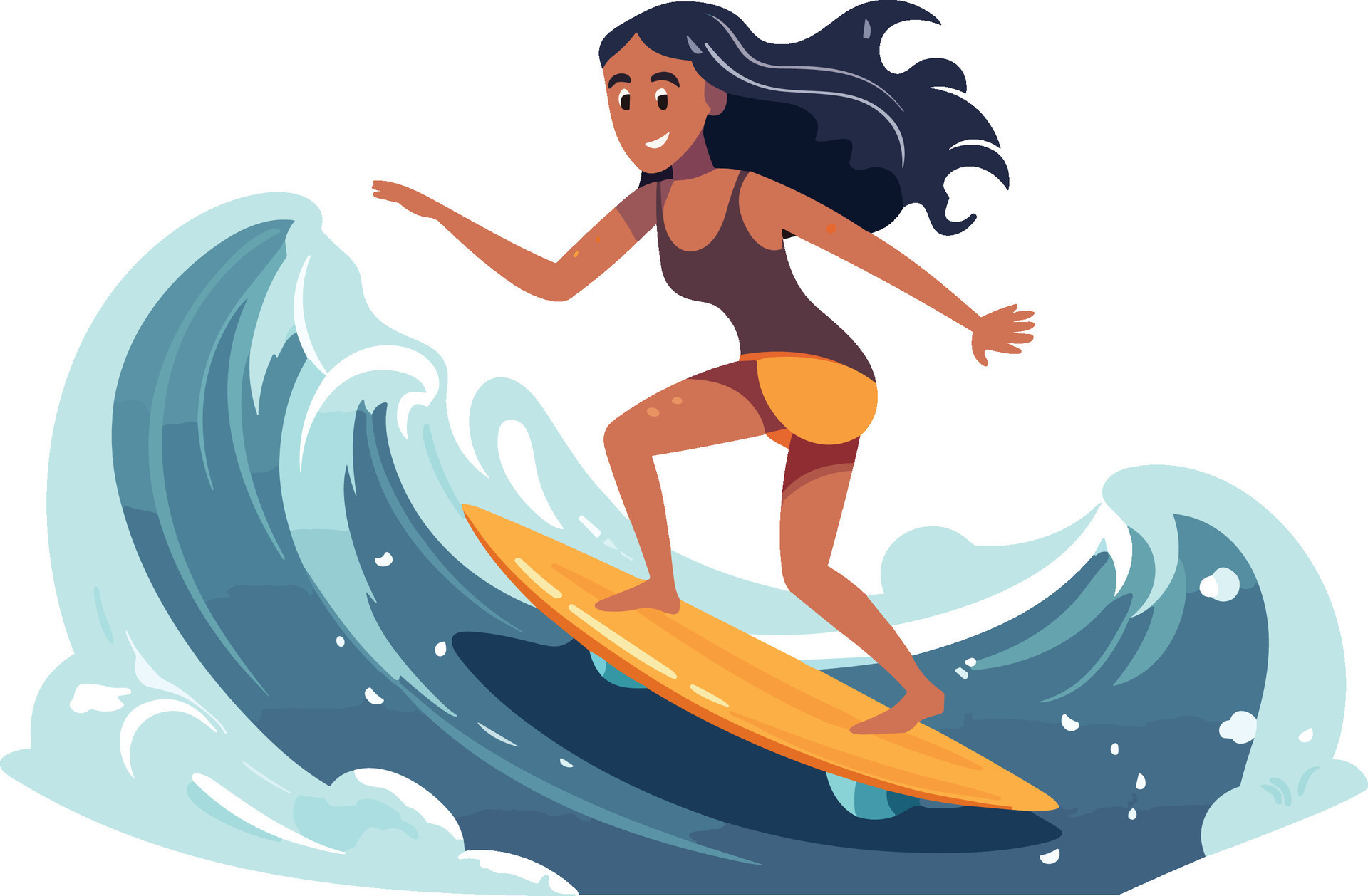 surfing girl illustration, Cheerful girl surfing with joyful expression