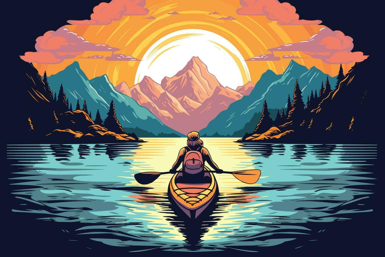 Tranquil sunset over mountains and lake, reflecting beauty of nature and transportation, young woman kayaking in crystal lake illustration for printing, wallpaper design and wall ar vector