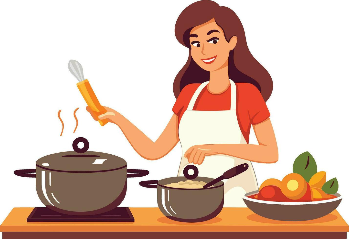 sano comiendo mujer Cocinando un nutritivo comida con Fresco vegetales en un bien equipado cocina vector