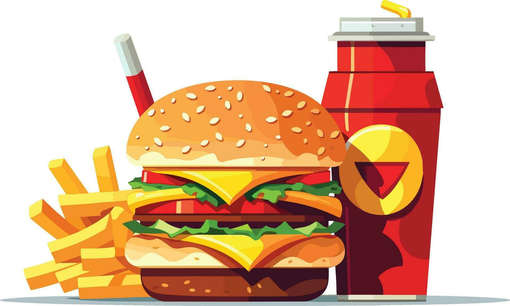 delicioso rápido comida bocadillo con hamburguesa, Coca y Fresco vegetales en un blanco antecedentes ilustración, hamburguesa, Coca, caliente y picante francés papas fritas ilustración vector