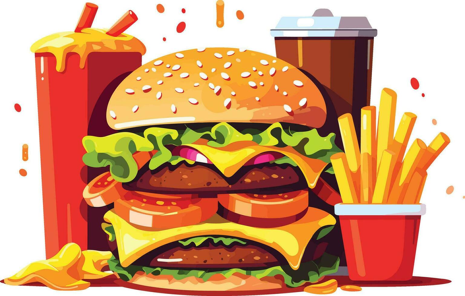 delicioso rápido comida bocadillo con hamburguesa, Coca y Fresco vegetales en un blanco antecedentes ilustración, hamburguesa, Coca, caliente y picante francés papas fritas ilustración vector