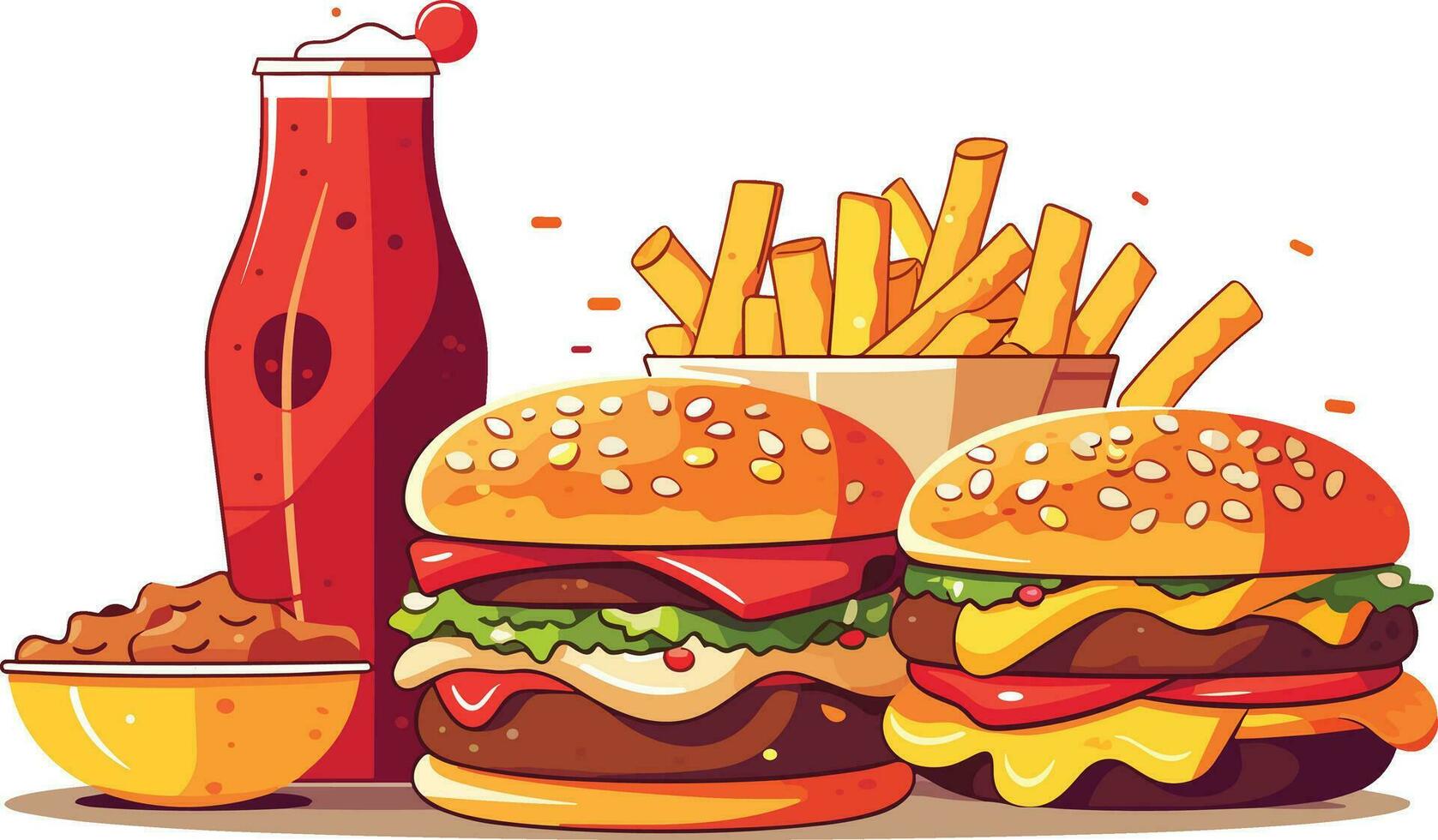 delicioso rápido comida bocadillo con hamburguesa, Coca y Fresco vegetales en un blanco antecedentes ilustración, hamburguesa, Coca, caliente y picante francés papas fritas ilustración vector