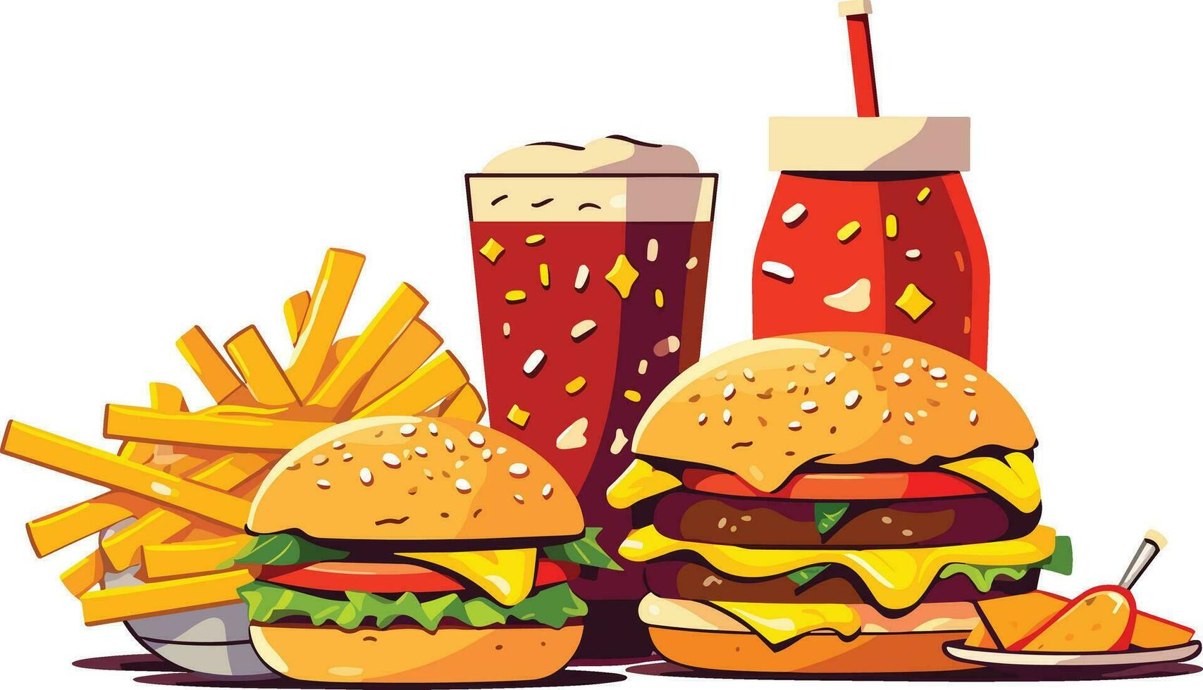 Delicious Fast Food Snack with  burger,  coke and Fresh Vegetables on a White Background illustration,  burger, coke, hot and spicy french fries illustration vector