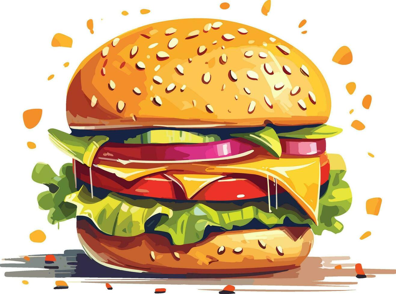 vistoso Fresco comida pan, queso, fruta, y vegetales en blanco fondo, hamburguesa ilustración en aislado blanco antecedentes vector