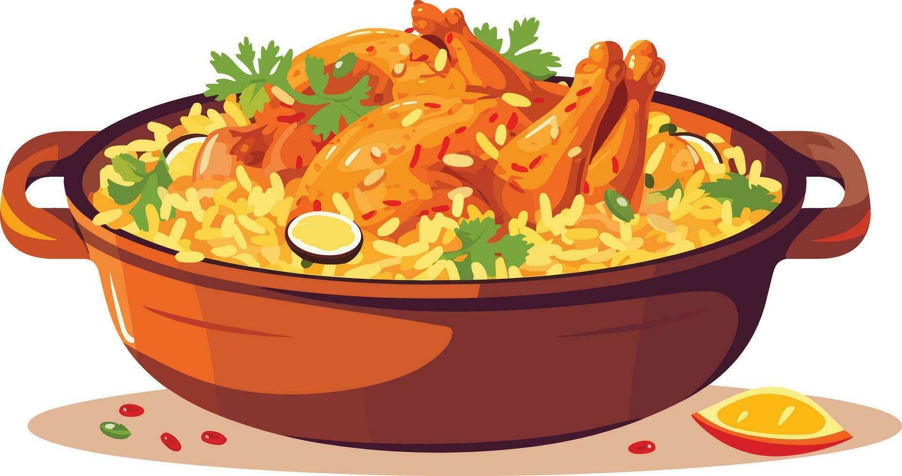 hot and spicy chicken biryani with roasted pieces and lemon illustration on isolated white background vector
