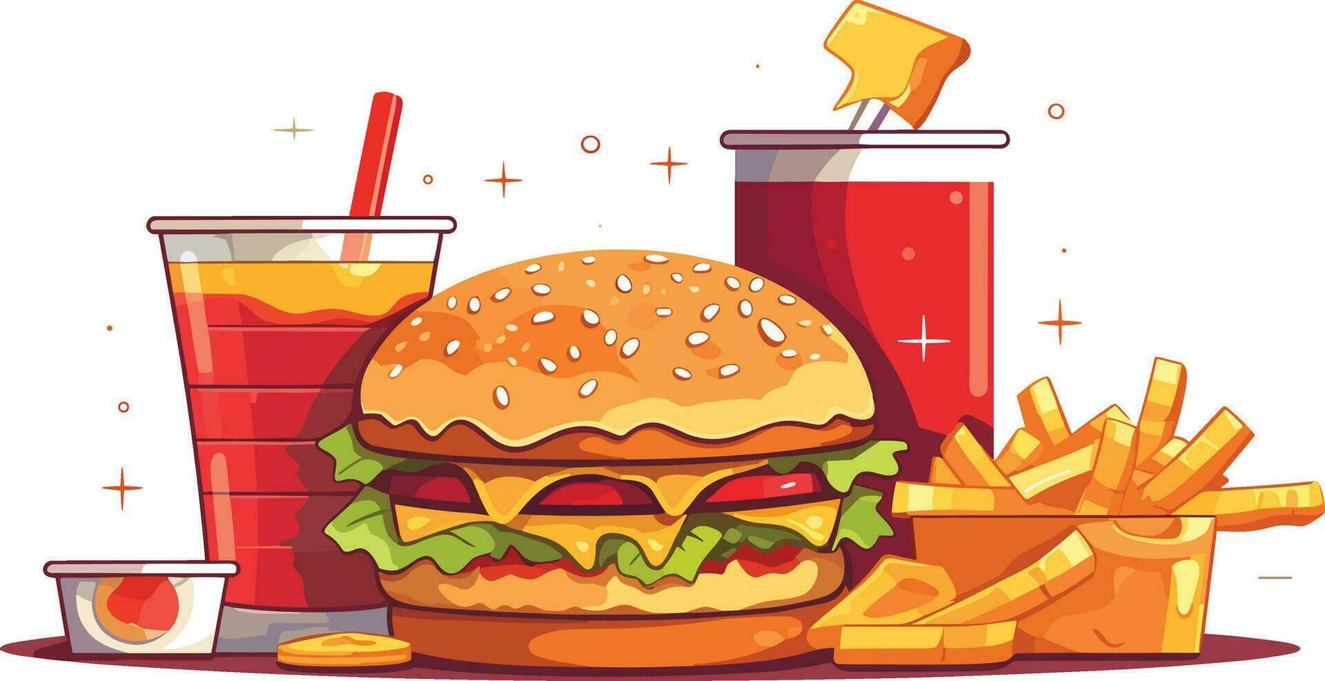 Delicious Fast Food Snack with  burger,  coke and Fresh Vegetables on a White Background illustration,  burger, coke, hot and spicy french fries illustration vector