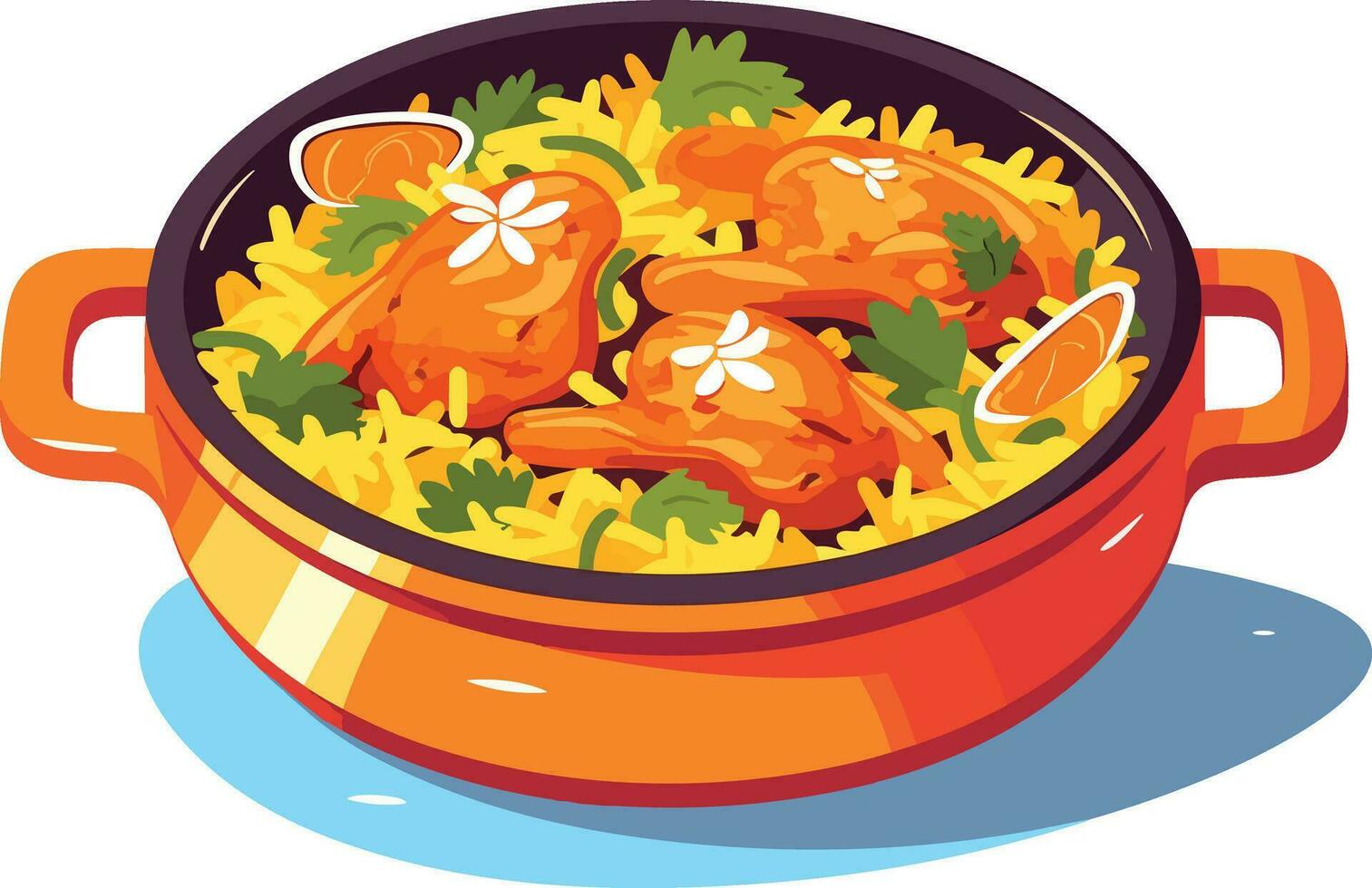 hot and spicy chicken biryani with roasted pieces and lemon illustration on isolated white background vector